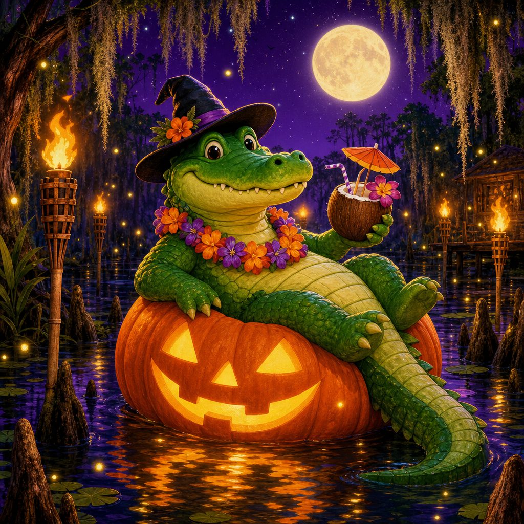 A cartoon alligator in a witch hat lounging on a jack-o-lantern